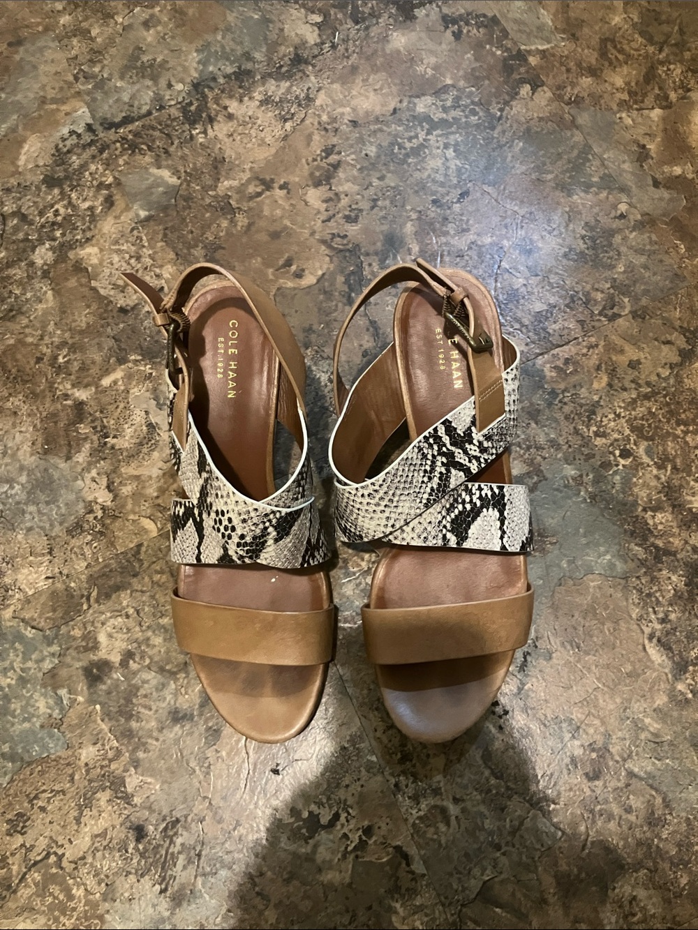 Cole Haan Tan and Snake-Print Cross-Strap Sandals